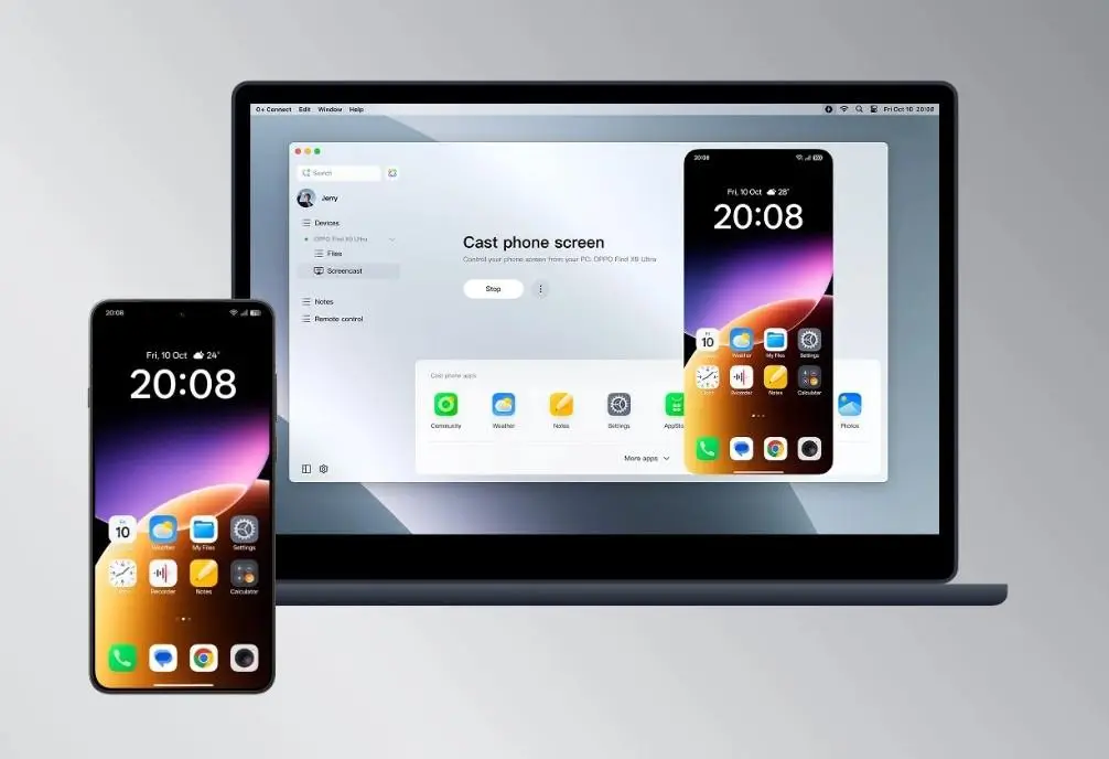 Smartphone screen mirrored on laptop display with app icons, in a minimalist setup