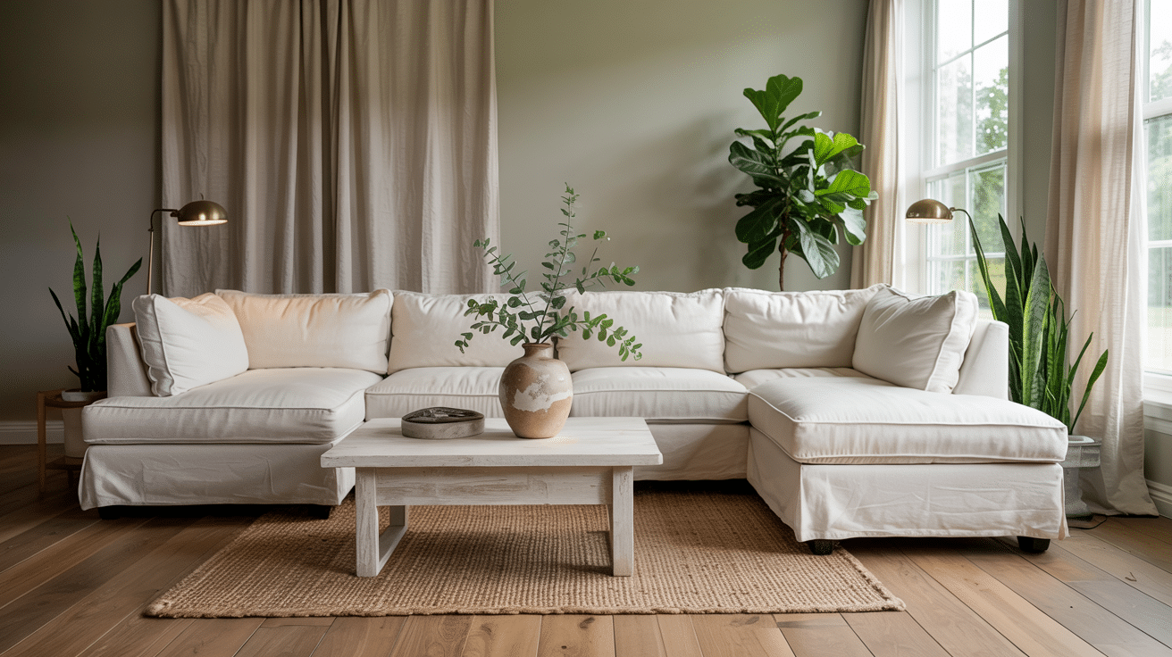 Soft sage living room with white sectional, wooden table, leafy plants, and sunlit windows