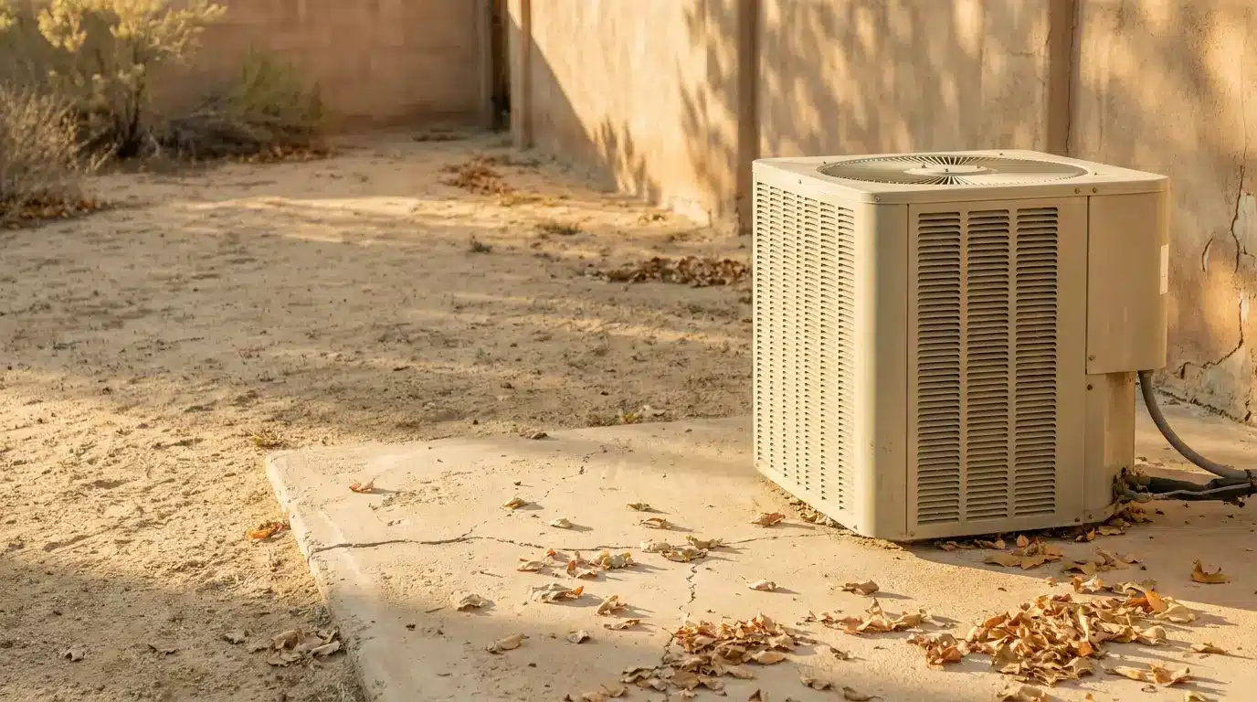 Outdoor air conditioning unit on concrete pad surrounded by dry leaves in warm sunlight.