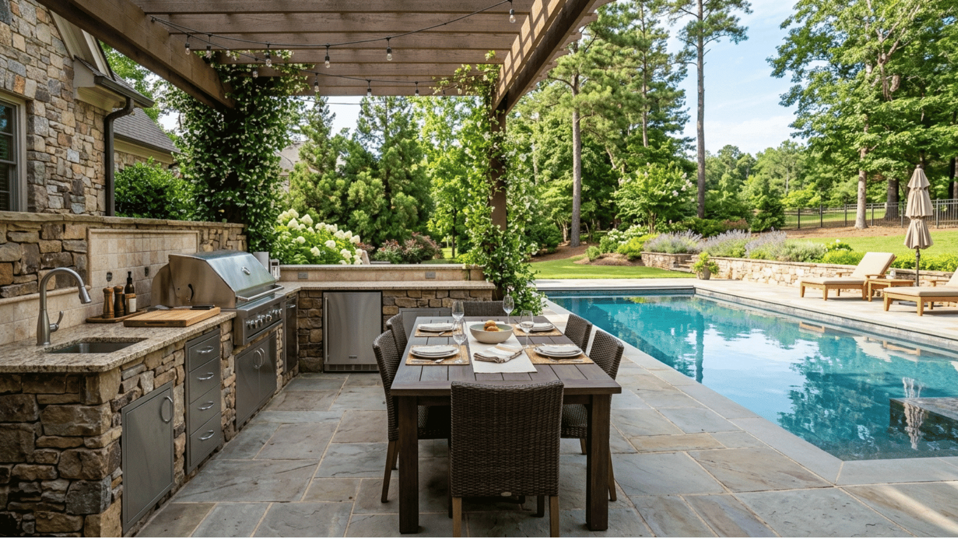 outdoor kitchen and dining area set beside a pool