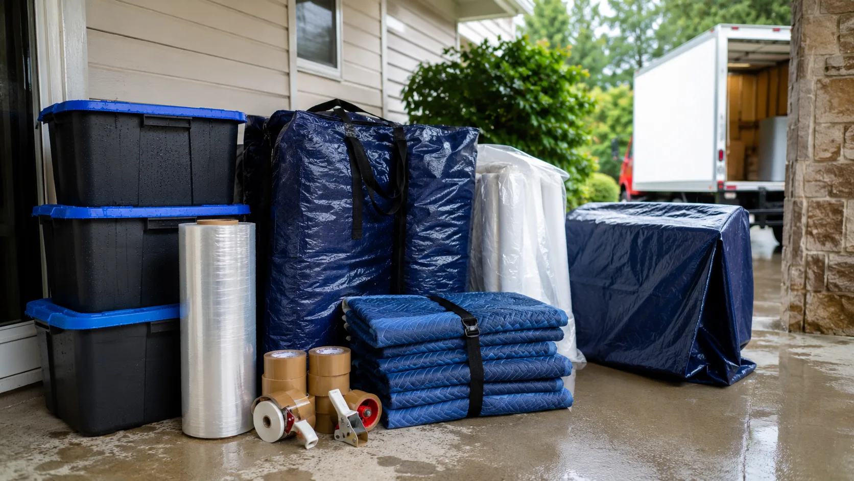outdoor moving supplies including plastic bins covers blankets and wrapping materials prepared for rainy weather