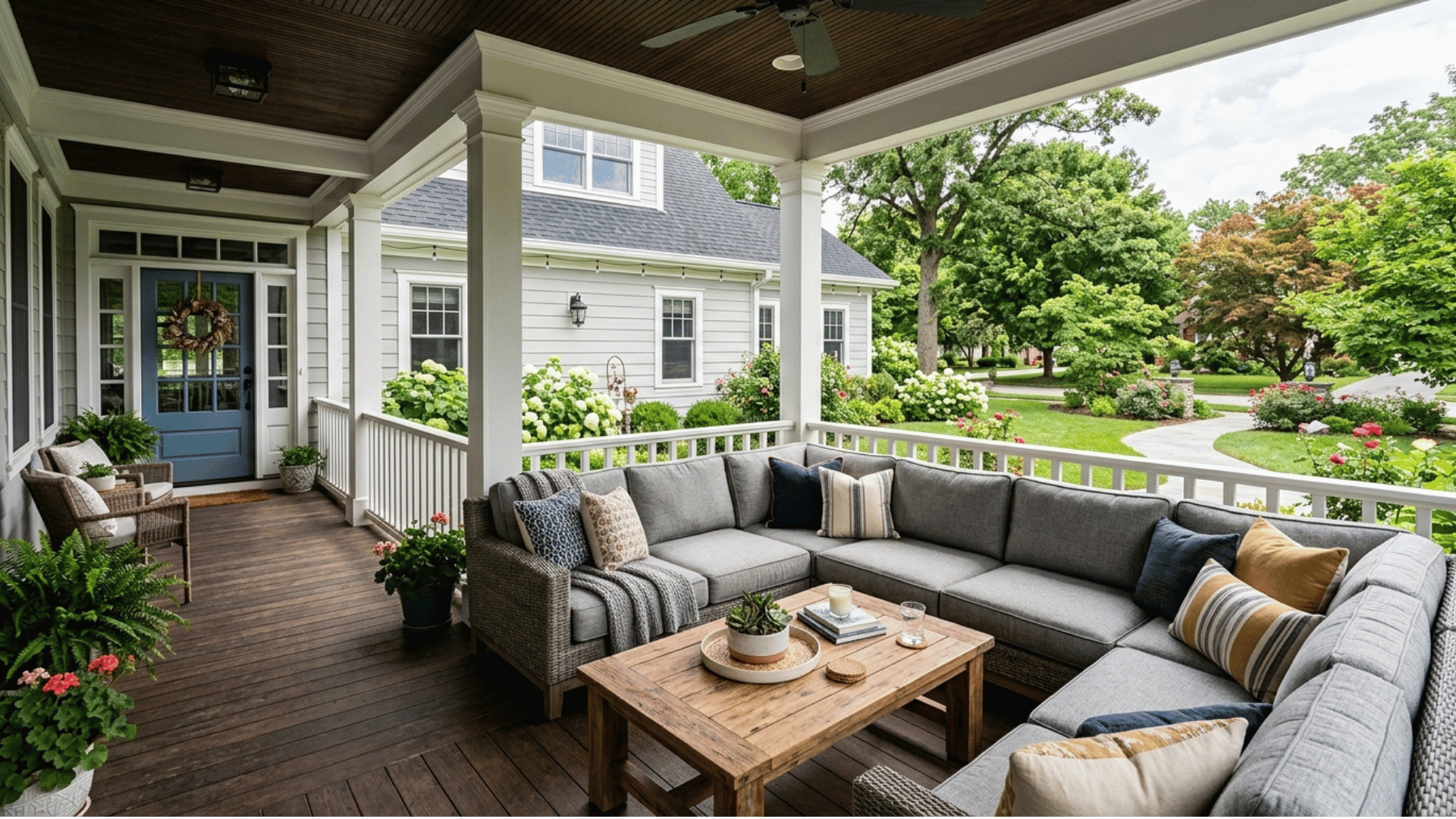 an outdoor sectional with a wooden coffee table