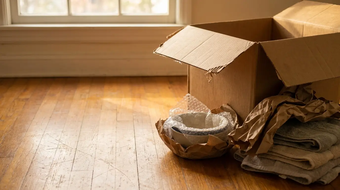 Open cardboard box with packing materials on hardwood floor near sunlight window