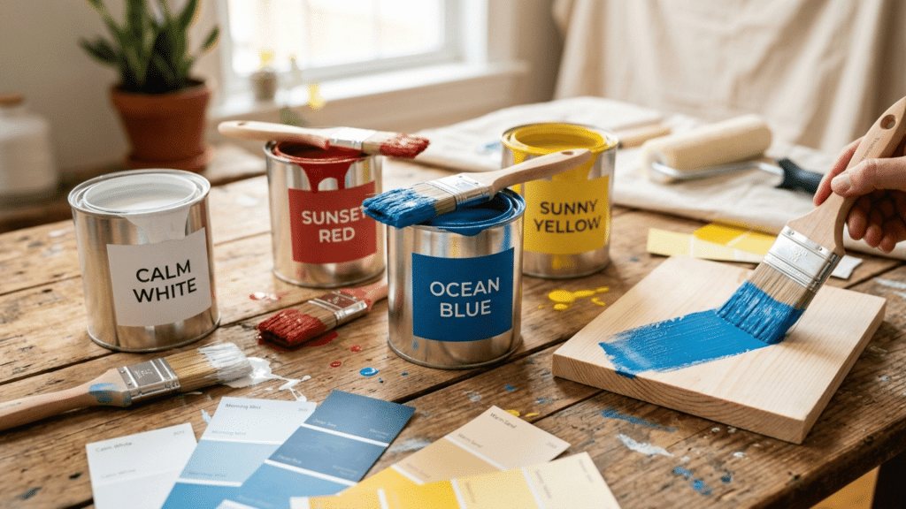 paint cans in white red blue and yellow with brushes and swatches on a wooden table