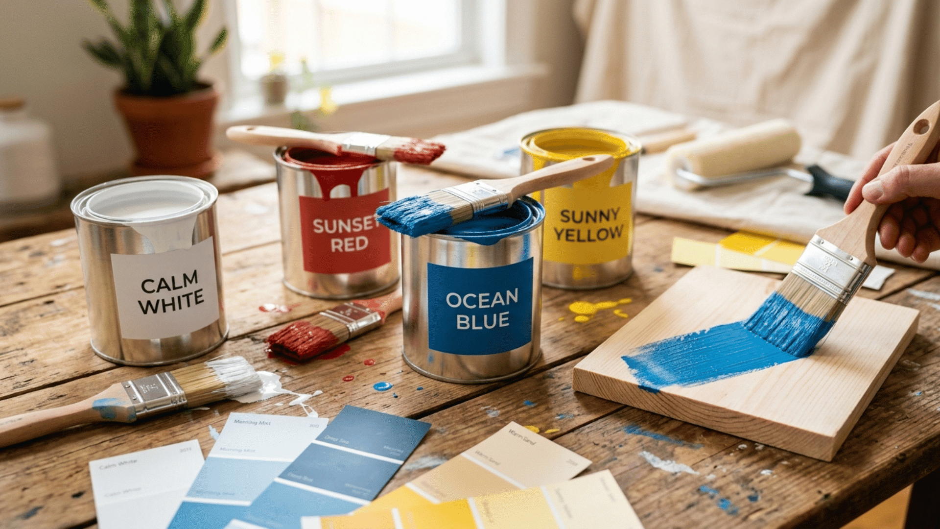 paint cans in white red blue and yellow with brushes and swatches on a wooden table