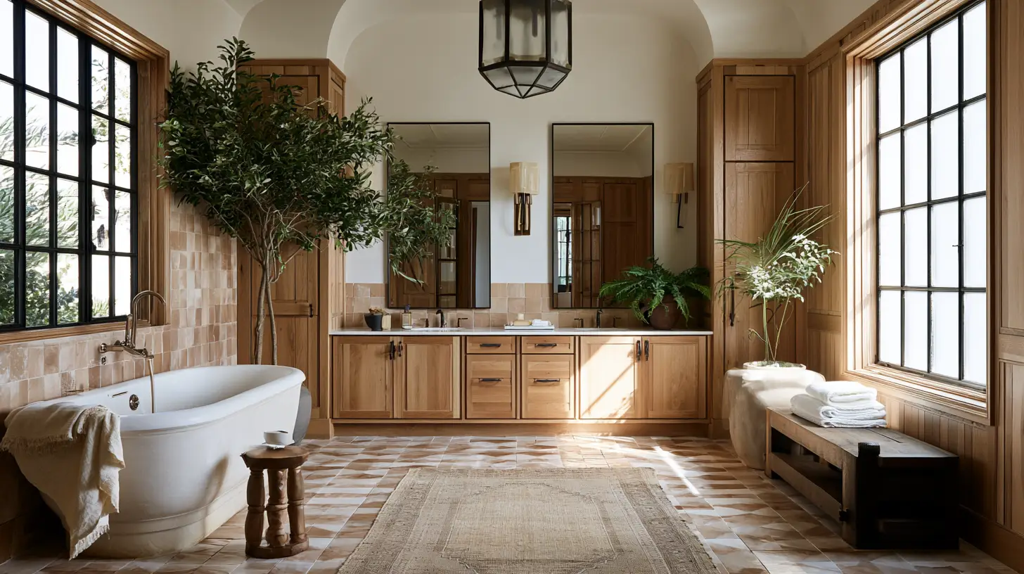Luxurious bathroom with freestanding bathtub, wooden cabinetry, and large windows in natural light