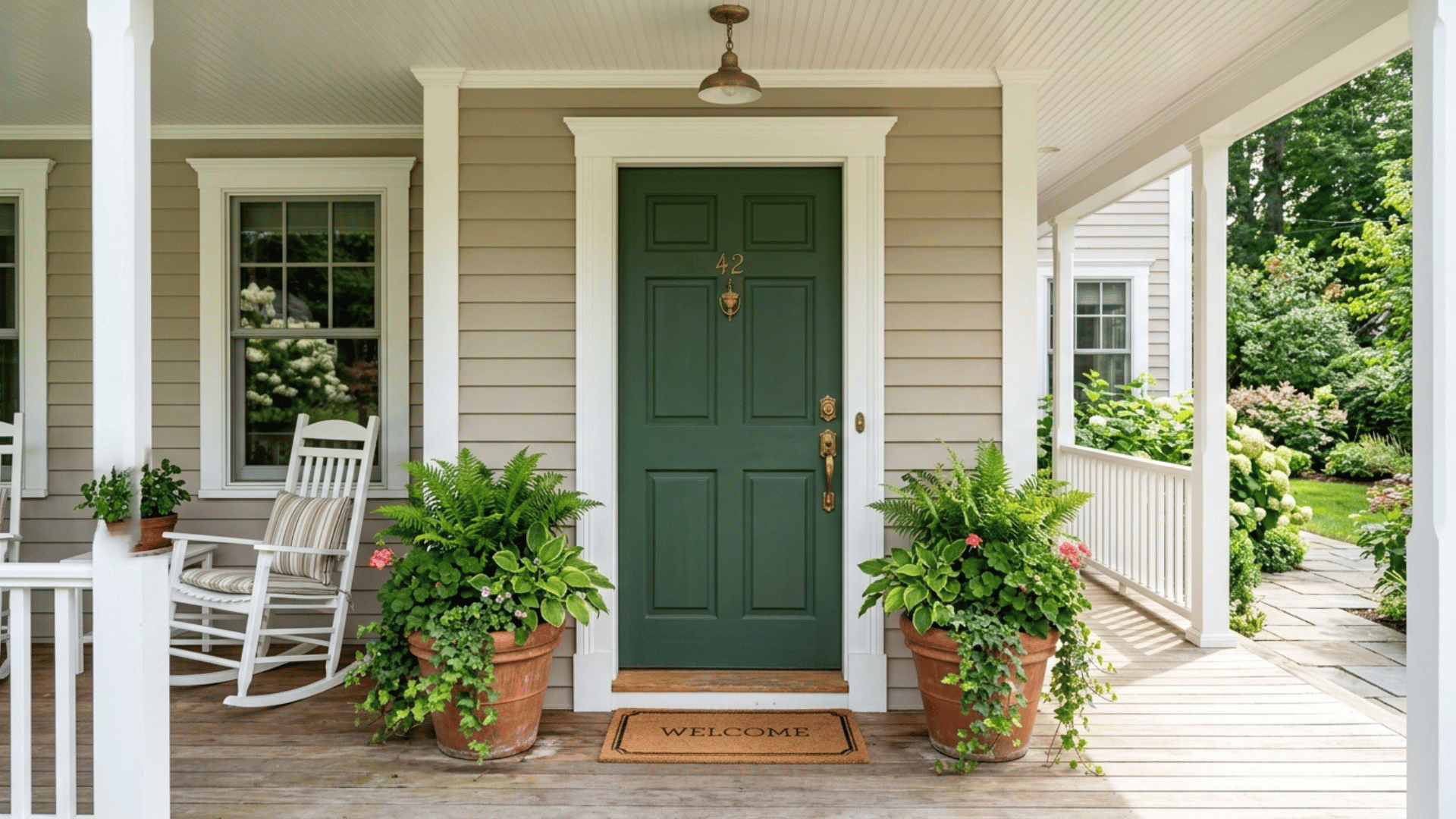 a deep green front door with brass hardware