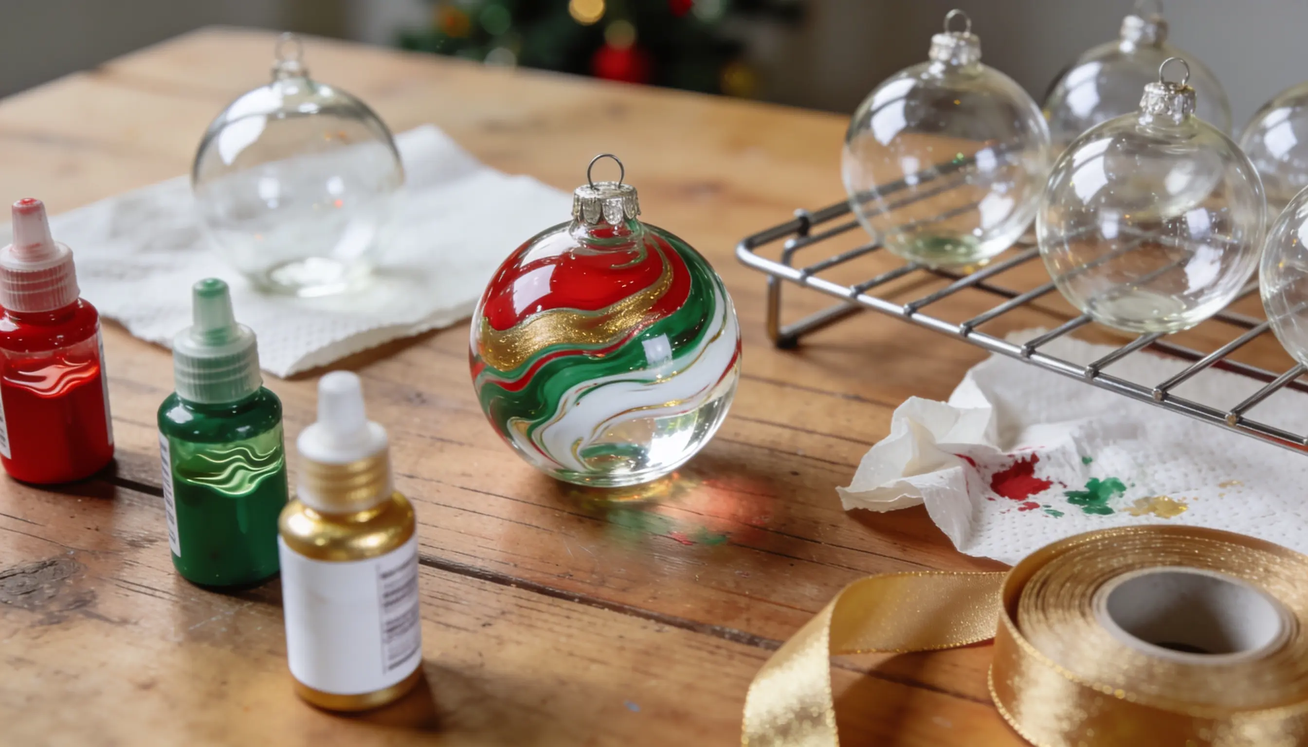 Glass Christmas ornament with red, green, and gold swirling paint on a wooden table next to paint bottles and empty ornaments.