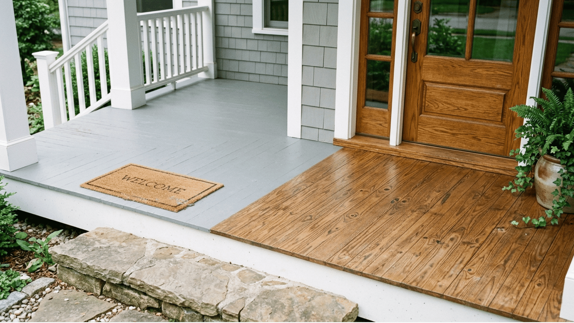 painted gray flooring next to natural stained wood