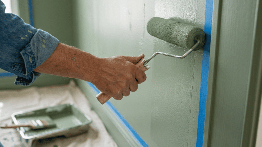 close-up of a hand using a paint roller to apply sage green paint to a wall, matching the same color trim in a color-drenched room