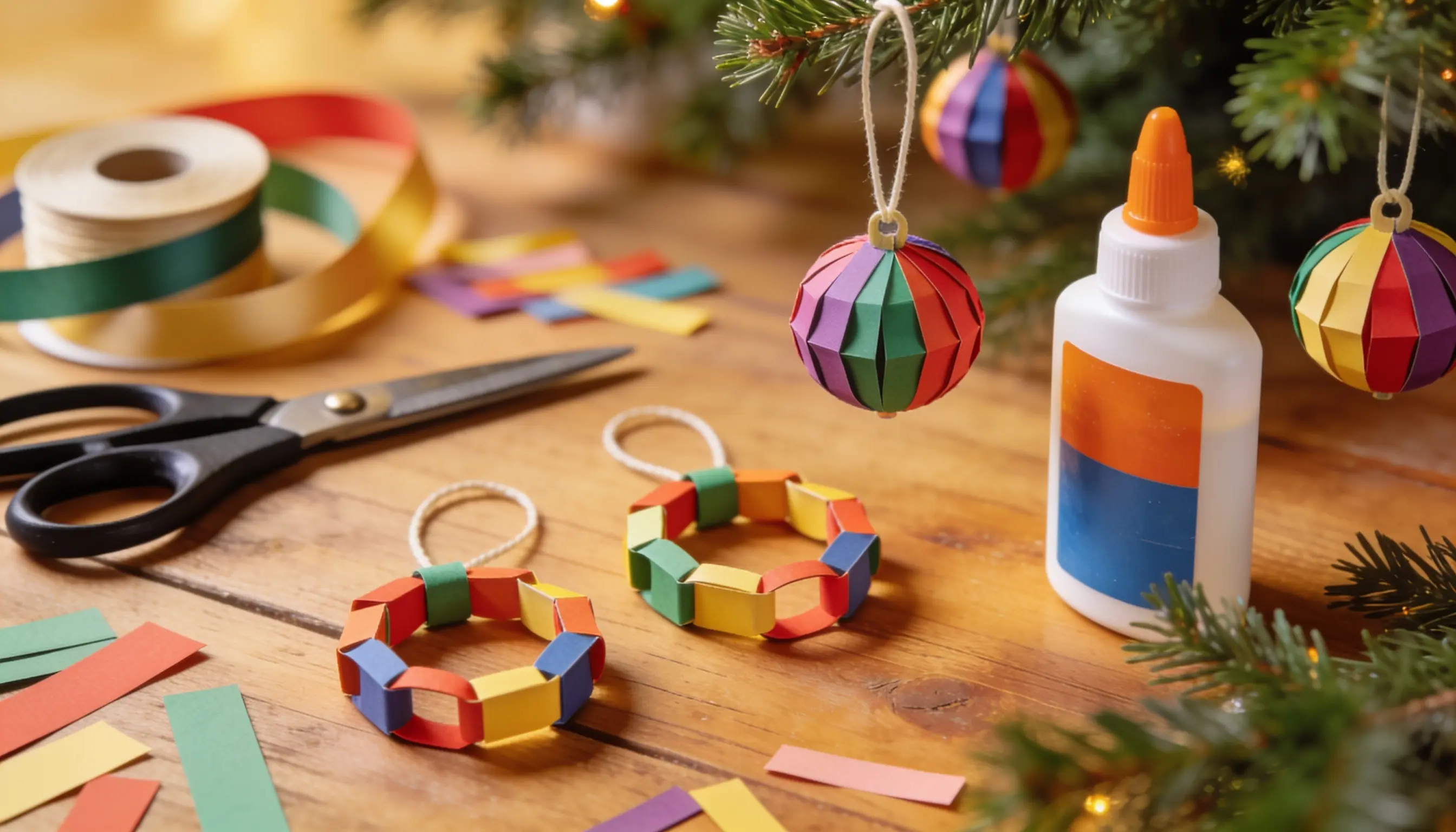 Craft supplies like scissors, glue, and colorful paper strips are arranged on a wooden surface around DIY paper ornaments hanging from a Christmas tree branch.