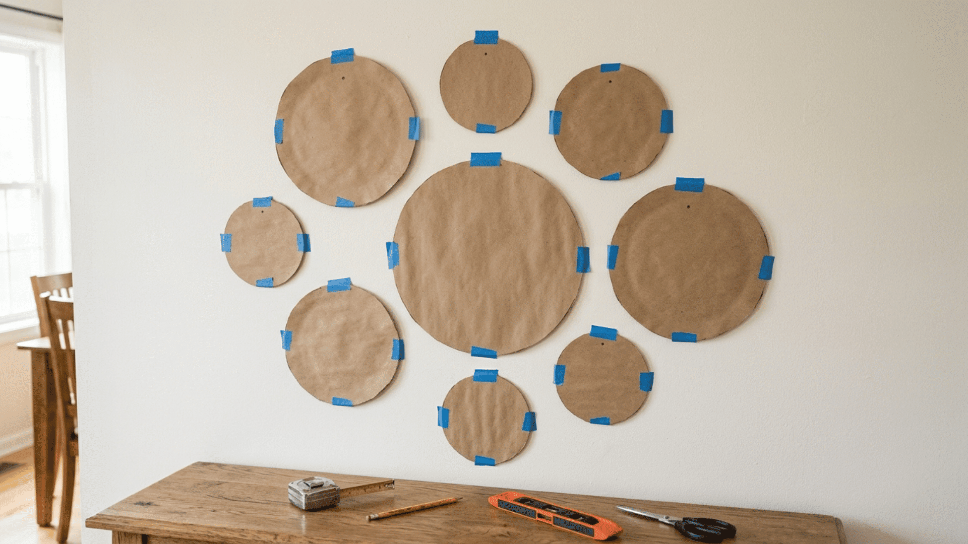 kraft paper templates taped to a wall to plan a plate wall layout before hanging