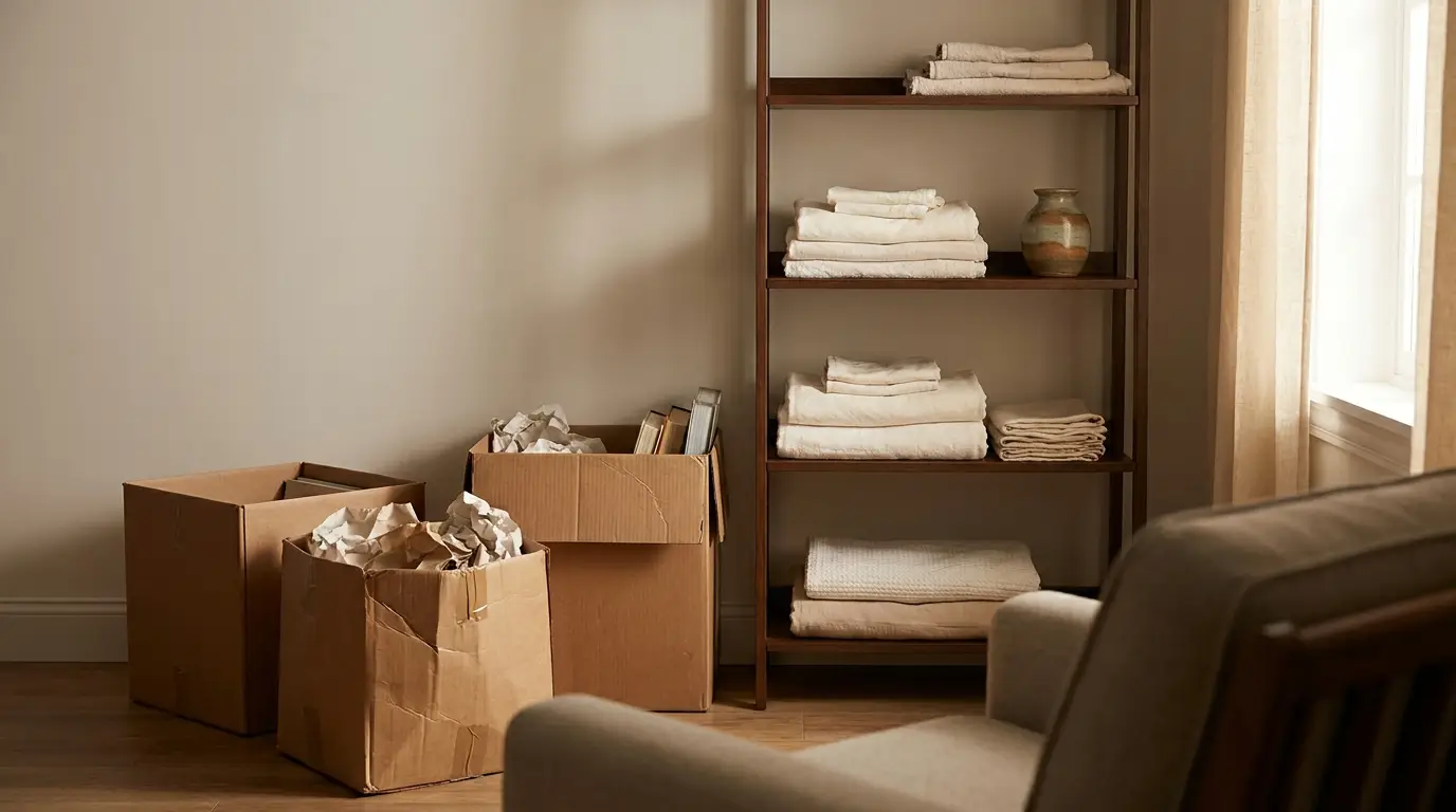 Cardboard boxes and neatly folded linens on wooden shelves in a sunlit room