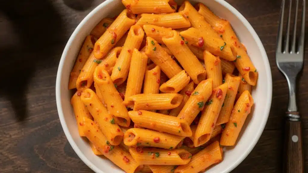 Penne pasta topped with rich tomato sauce served in a white bowl.