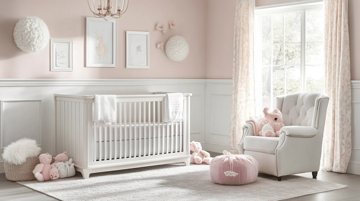soft pink nursery with white crib, cozy chair, plush toys, and bright natural light through window