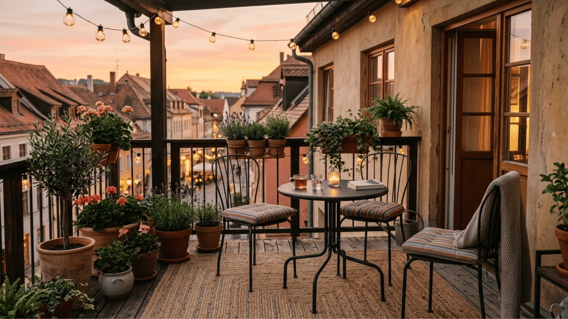 balcony styled with string lights and grouped potted plants