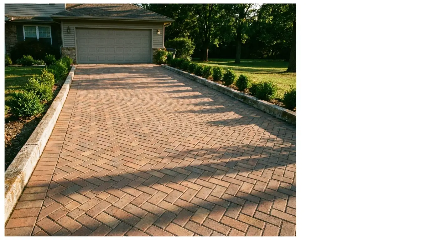 Brick driveway leading to a garage with manicured hedges on both sides in sunlight