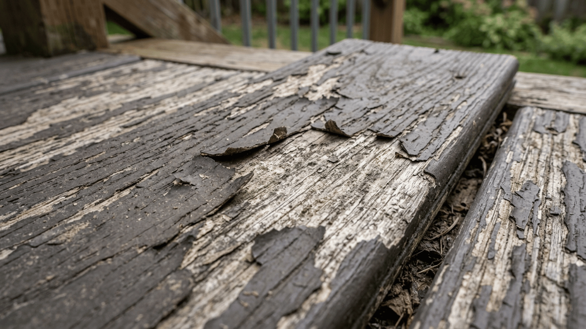 peeling paint on composite deck board with bare patches