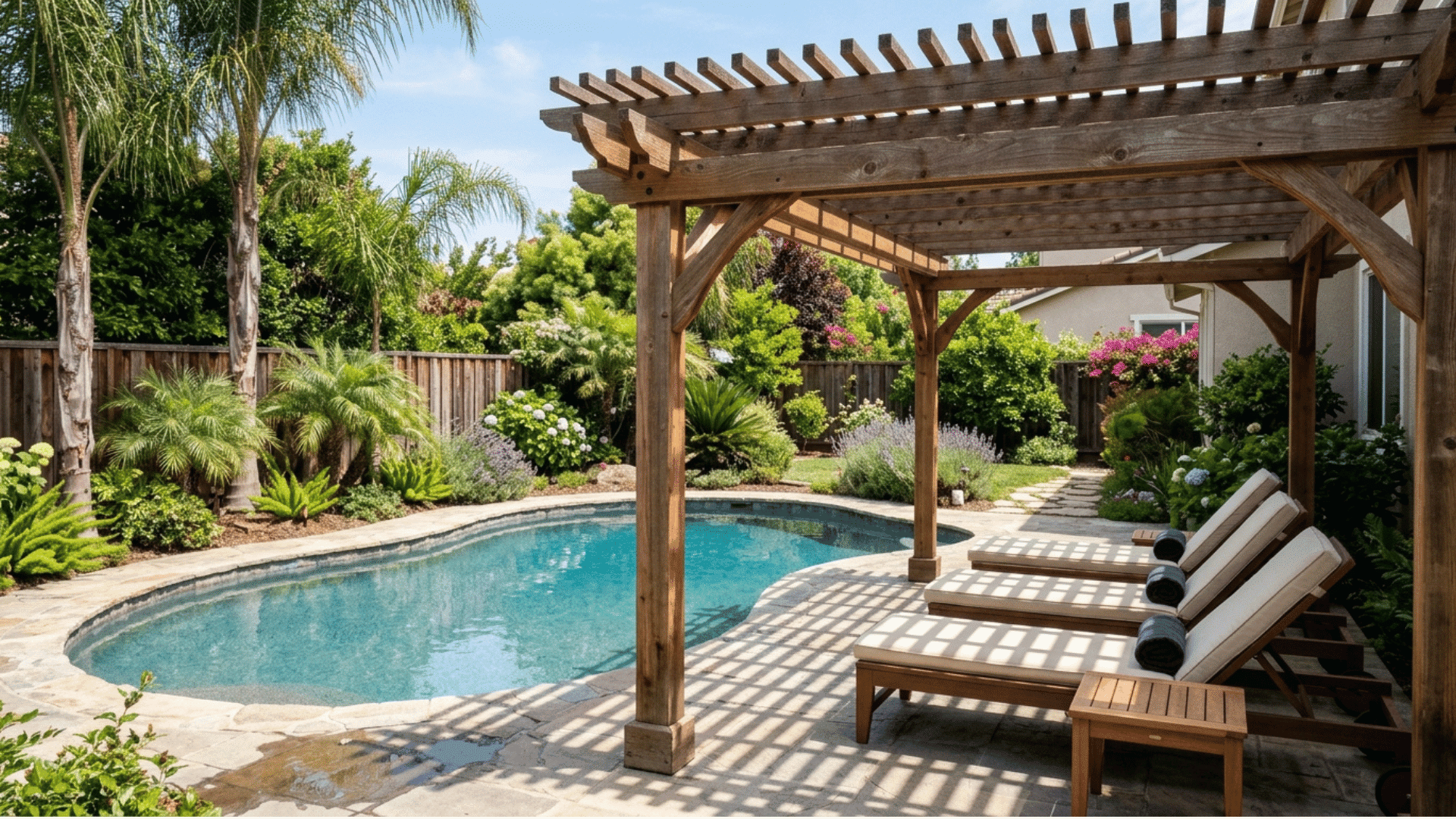 wooden pergola providing shade beside a backyard pool