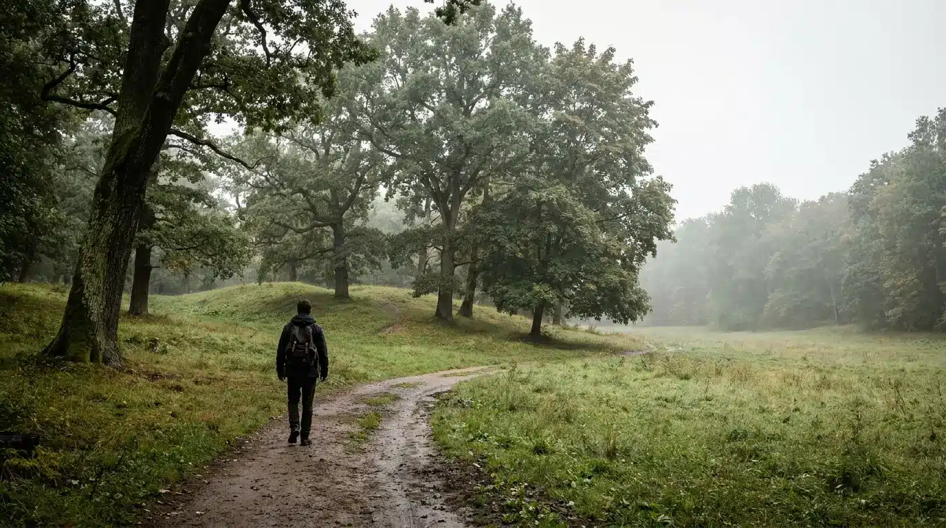 Person walking along a dirt path in a foggy forest with large trees