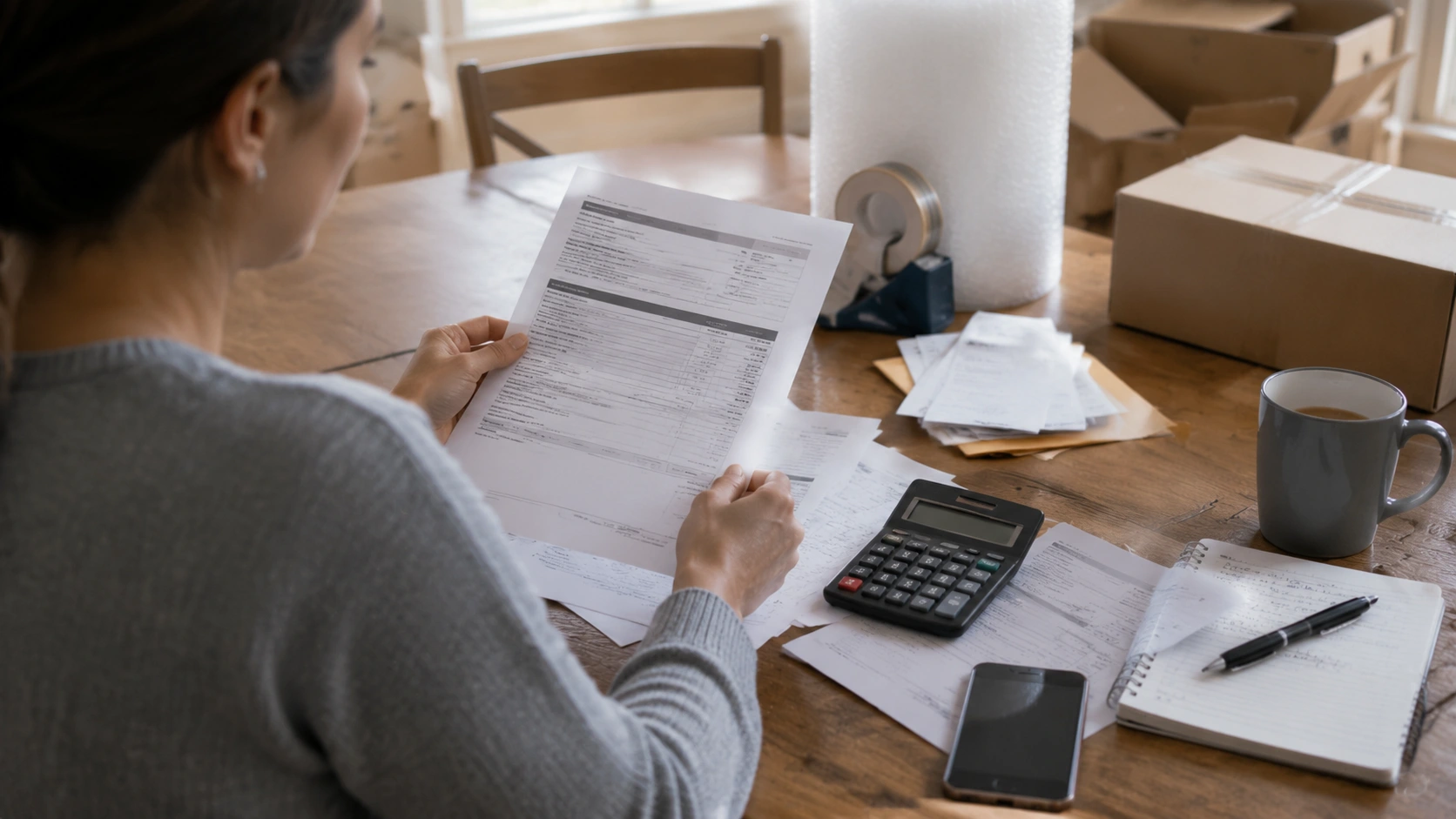 person reviewing moving documents and budget plans at a table with packing supplies during relocation preparation