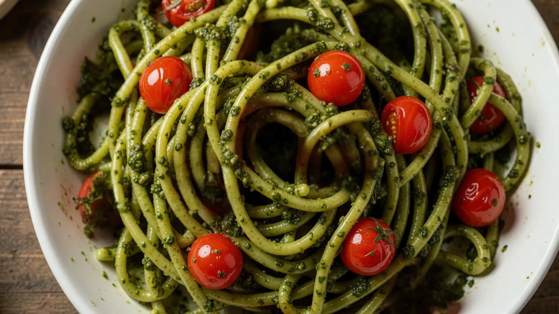 A plate of spaghetti topped with vibrant green pesto and bright red cherry tomatoes.