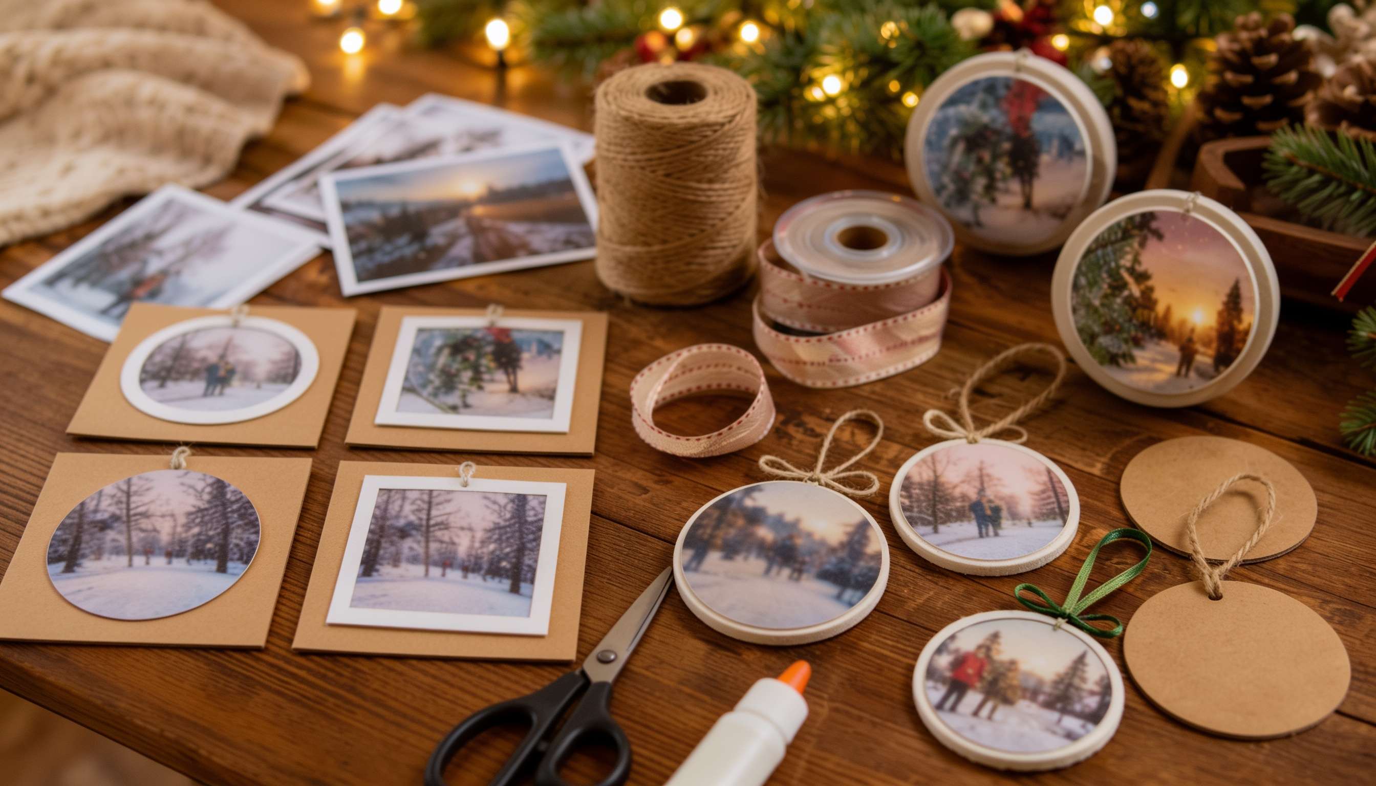 DIY Christmas ornaments are being crafted from winter landscape photos, twine, ribbon, scissors, and glue on a wooden table.