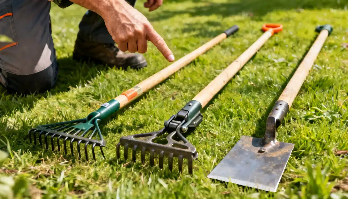 A person's hand points to a garden rake, hoe, and spade laid out on grass.