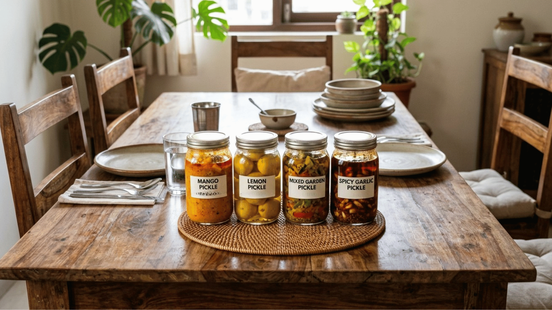 four pickle jars at the center of the dining table