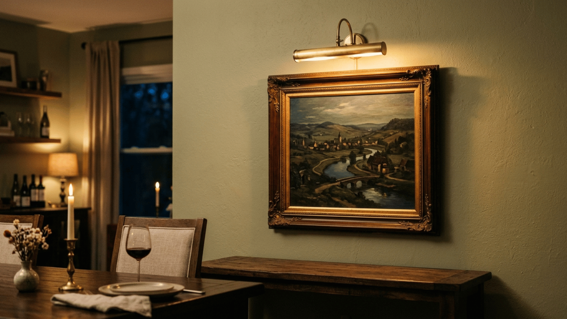 brass picture light mounted above framed artwork in a dining room
