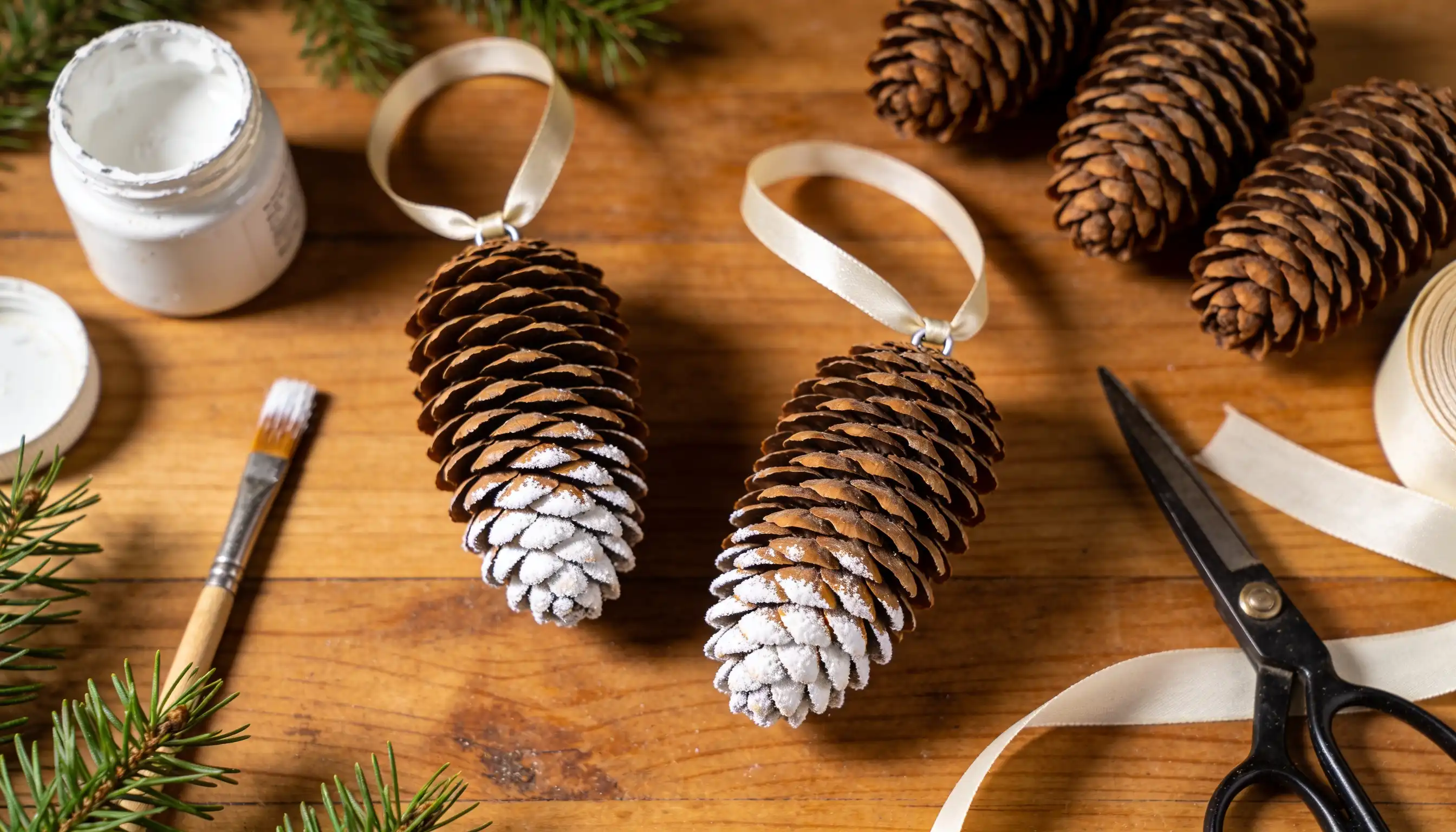Pinecone ornaments with white-dipped tips hang on ribbons next to painting supplies.