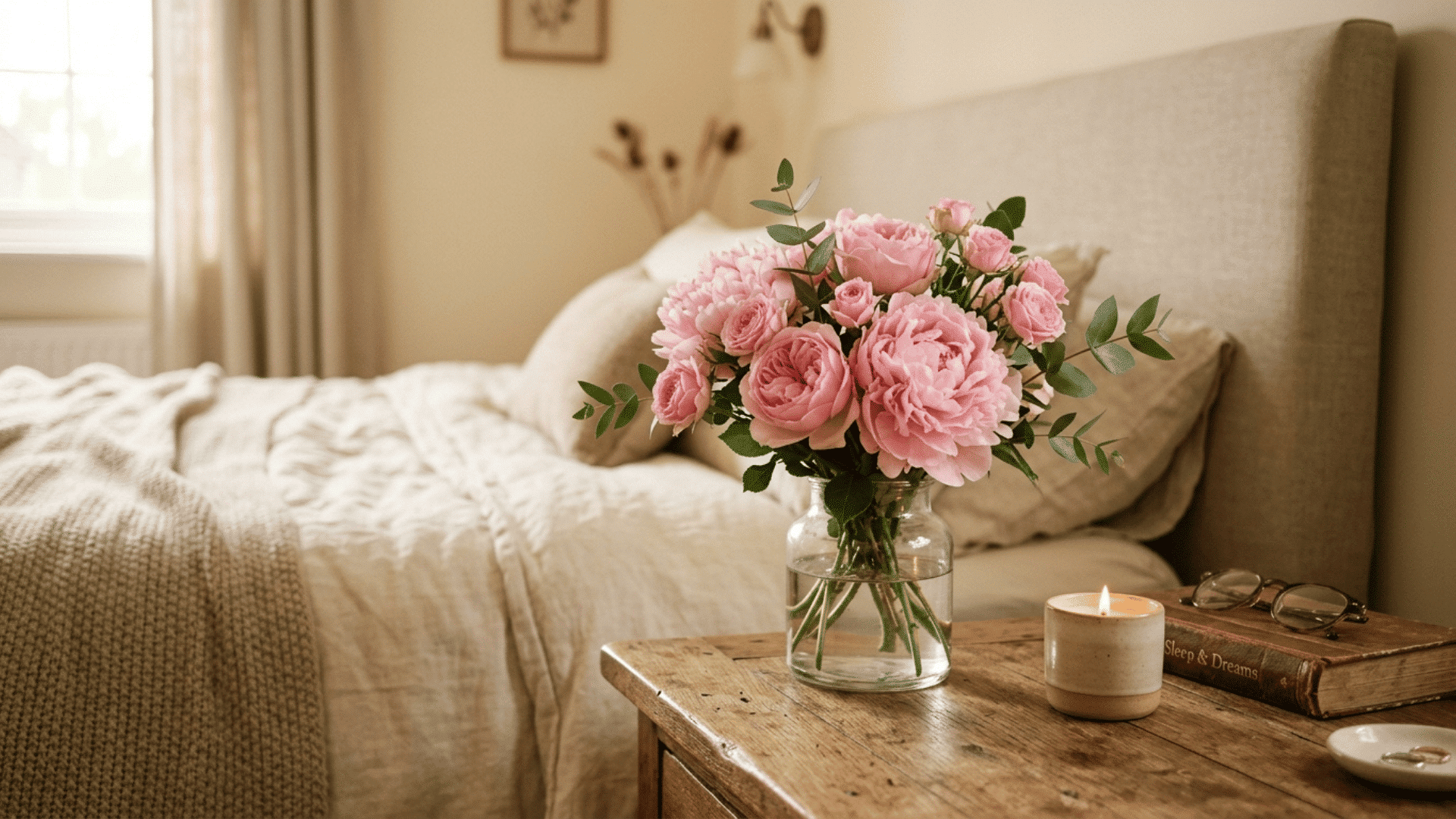vase of pink roses on a wooden nightstand beside a candle in a cozy neutral bedroom