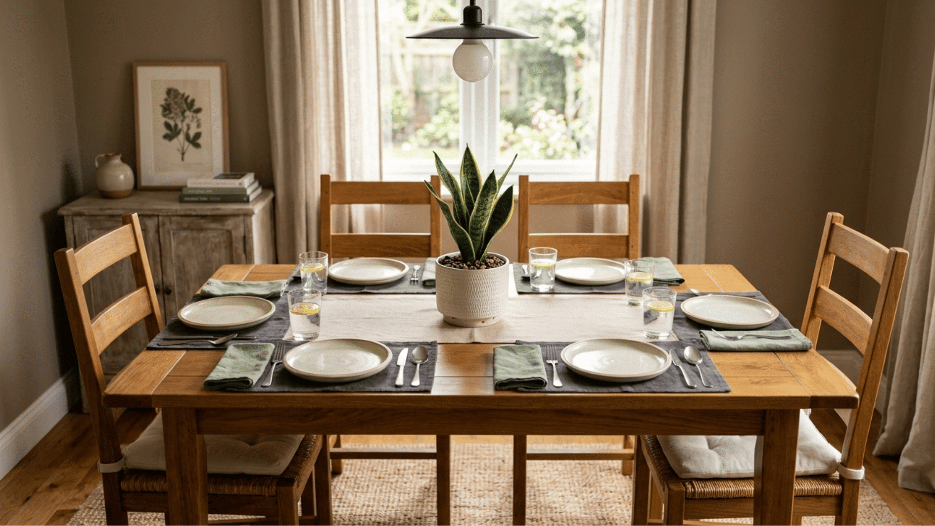 a small and minimal snake plant at the center of the dining table