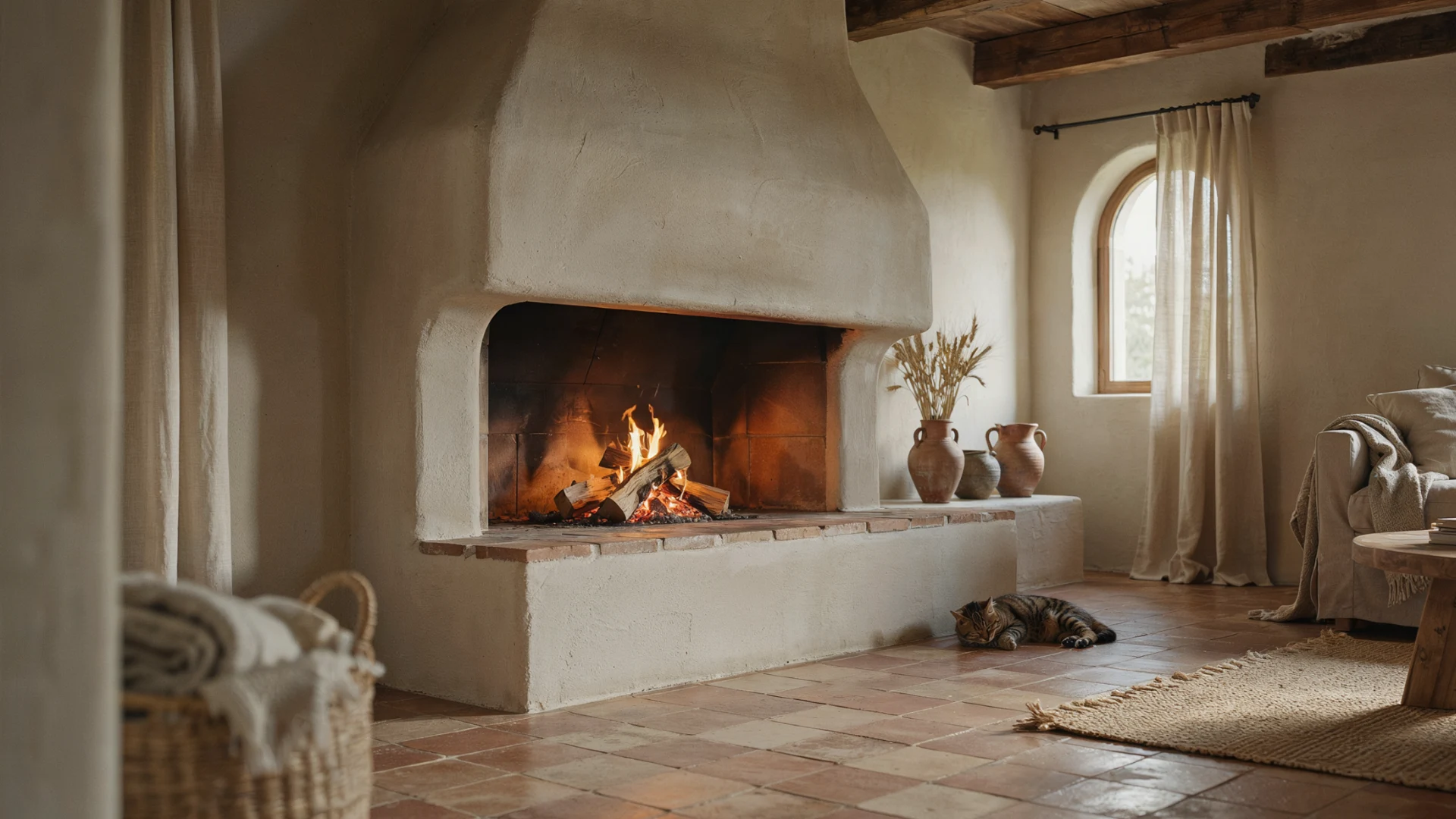 A cat naps on a jute rug in front of a large, rustic fireplace with a crackling fire, flanked by beige curtains and a basket of blankets.