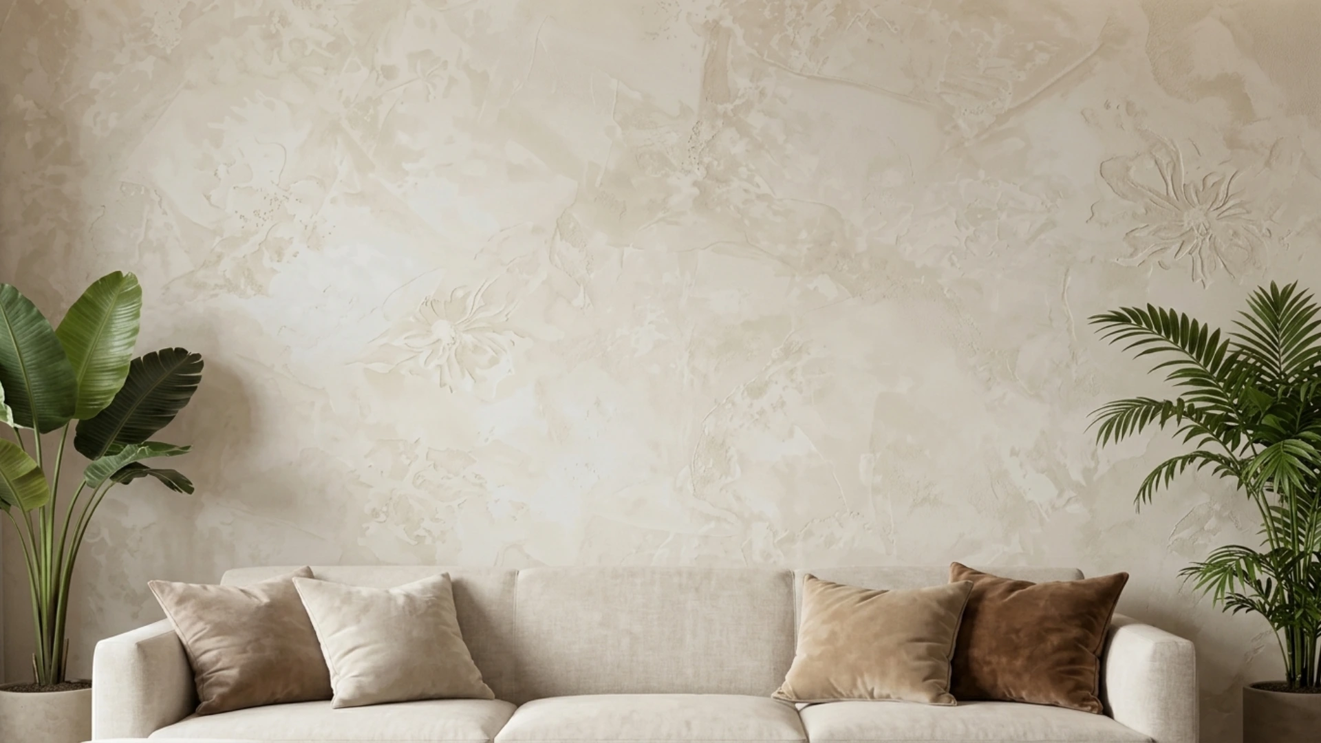 A neutral-toned sofa with plush pillows sits in front of a textured wall with subtle floral embossed patterns and two potted green plants.