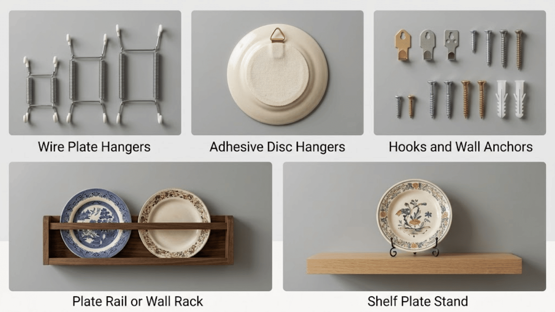 five plate hanging hardware options including wire hangers, adhesive discs, anchors, a rail, and shelf stand