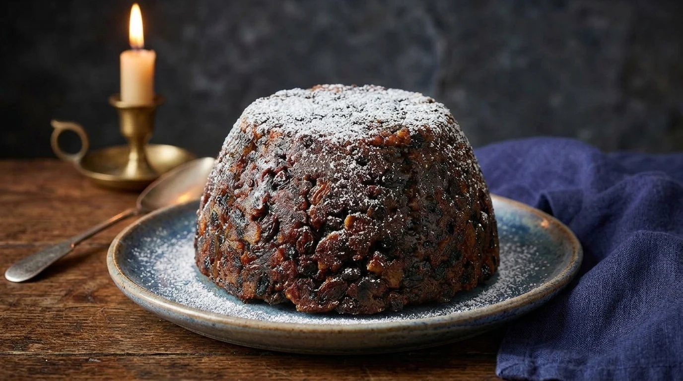 A Christmas pudding on a plate, adorned with a lit candle, creating a festive holiday atmosphere.