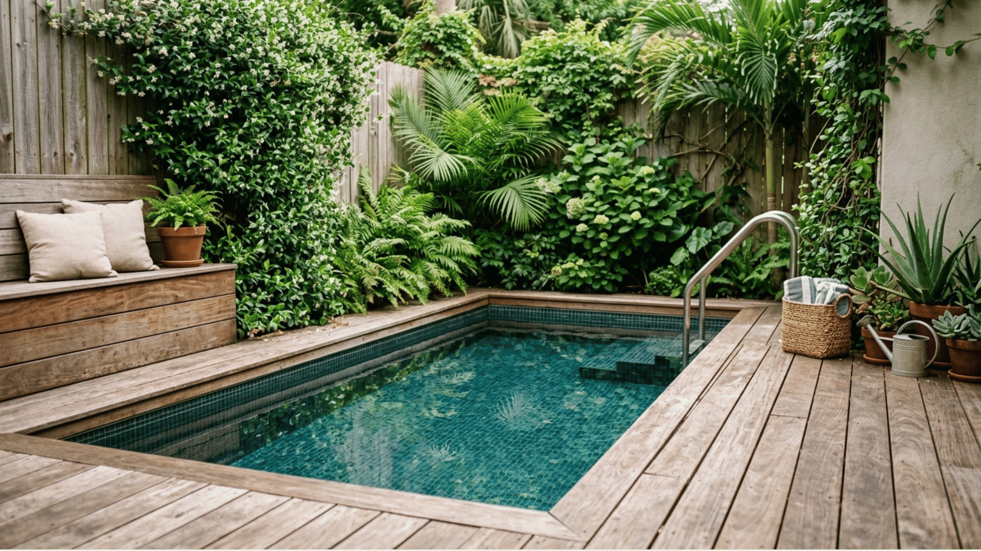 small plunge pool built into a tight backyard corner space