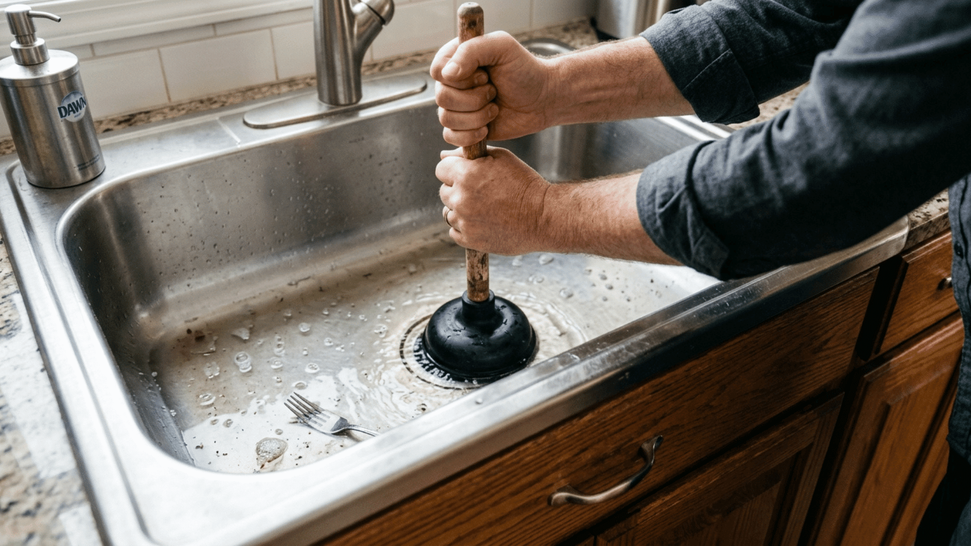 using a cup plunger to clear a clogged kitchen sink