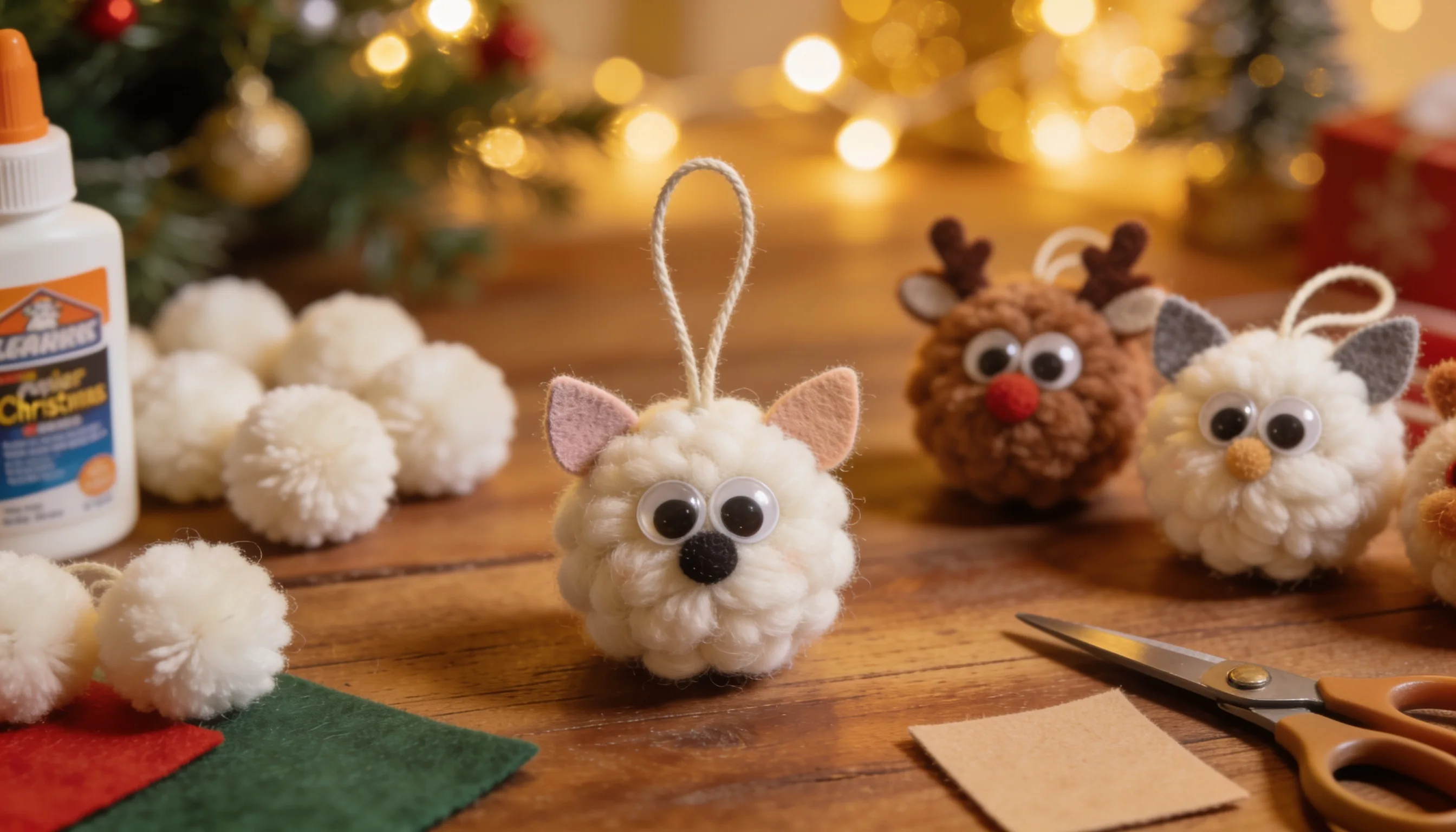 Close-up of a fluffy white pom-pom ornament shaped like a cat, with googly eyes and pink felt ears, on a wooden table with craft supplies and a blurred Christmas tree in the background.