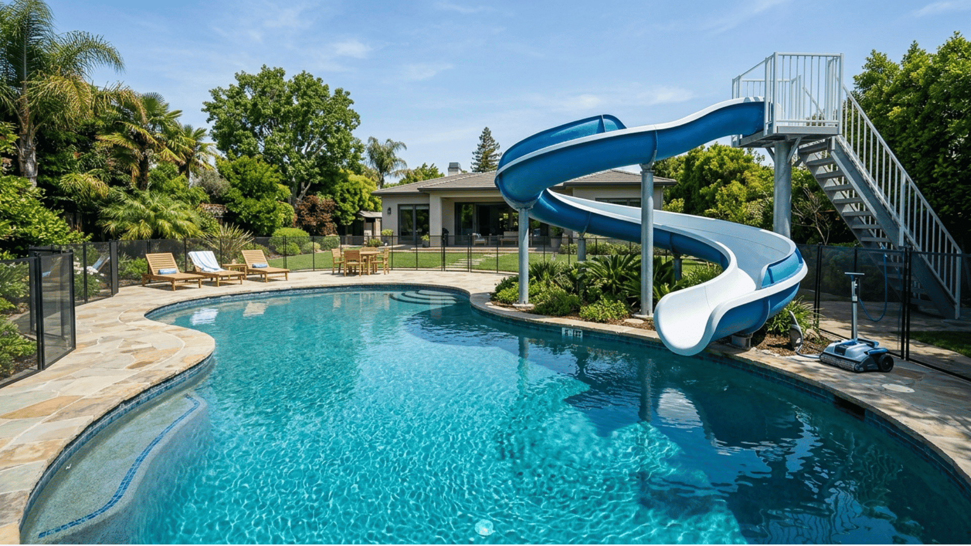 curved pool slide built into a backyard swimming pool