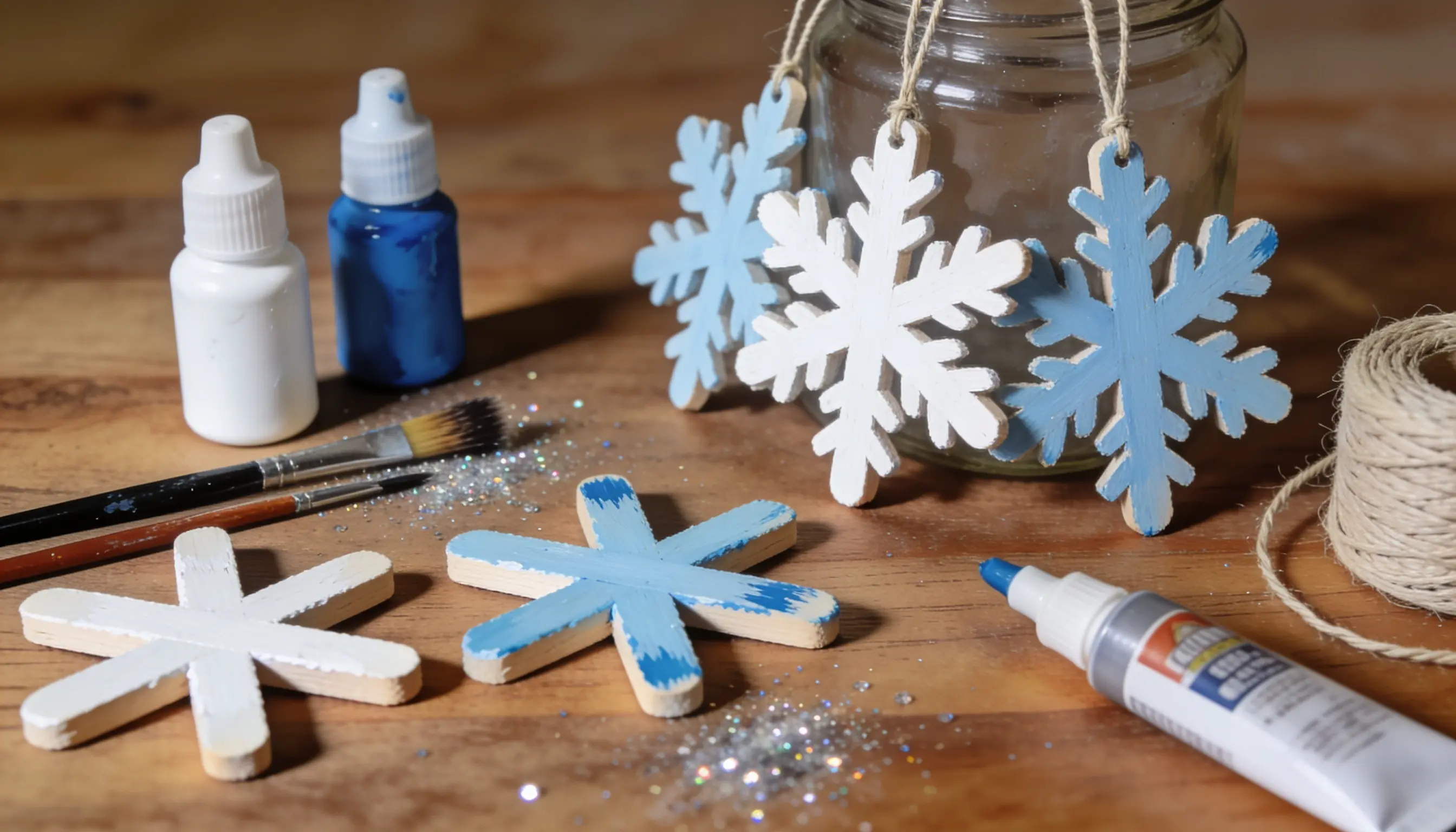 Wooden snowflake ornaments being decorated with white and blue paint and glitter.
