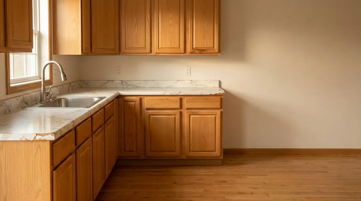 Wooden kitchen cabinets with marble countertops and stainless steel sink in natural light