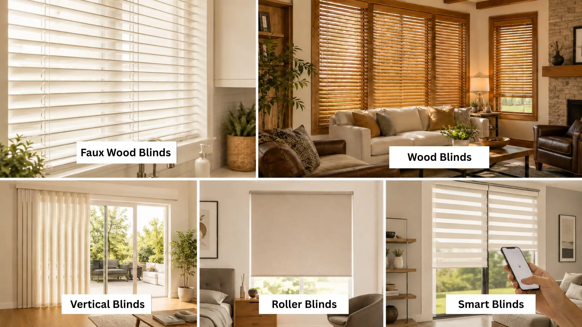 Collage of five interior window blind styles: faux wood, wood, vertical, roller, and smart blinds.