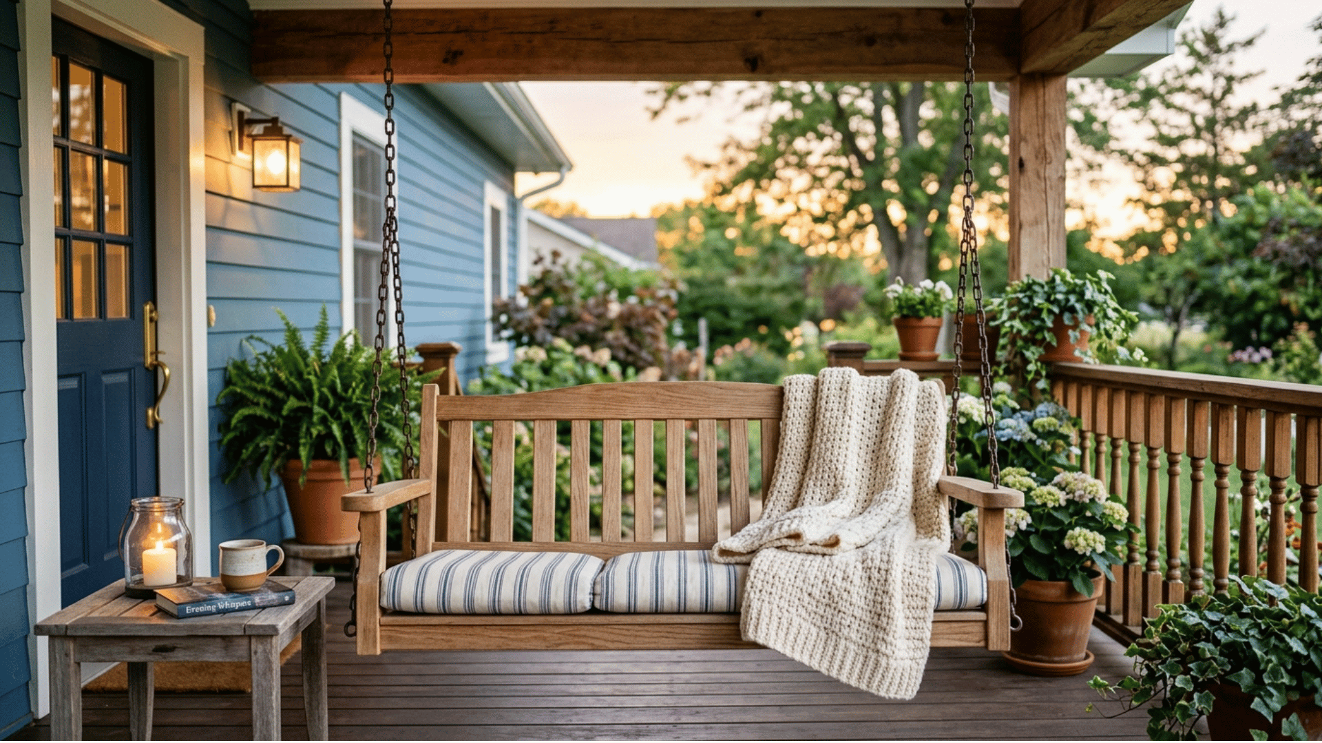 a hanging swing with cushions and a folded throw