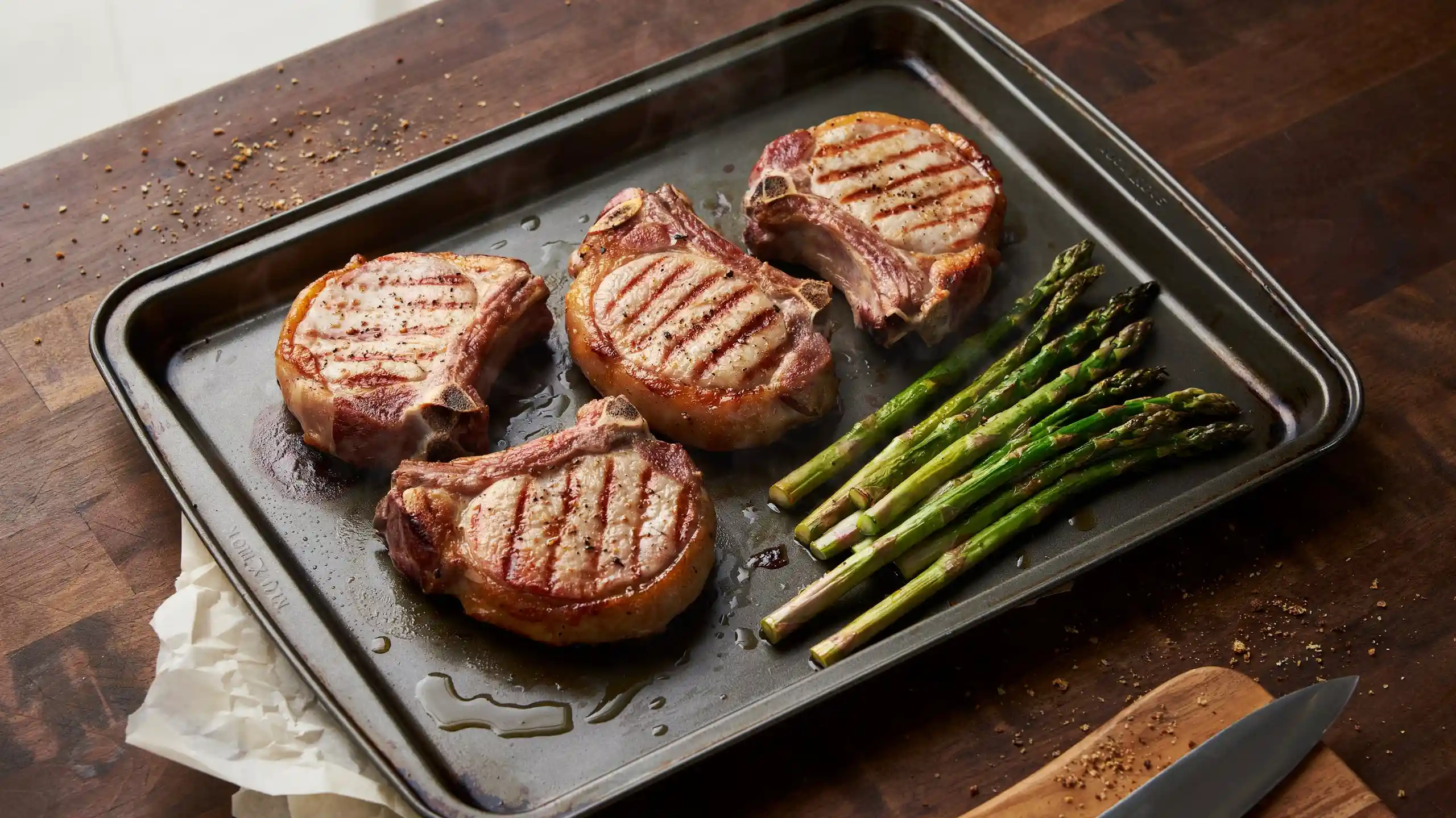 Four grilled pork chops and a bundle of asparagus rest on a baking sheet.