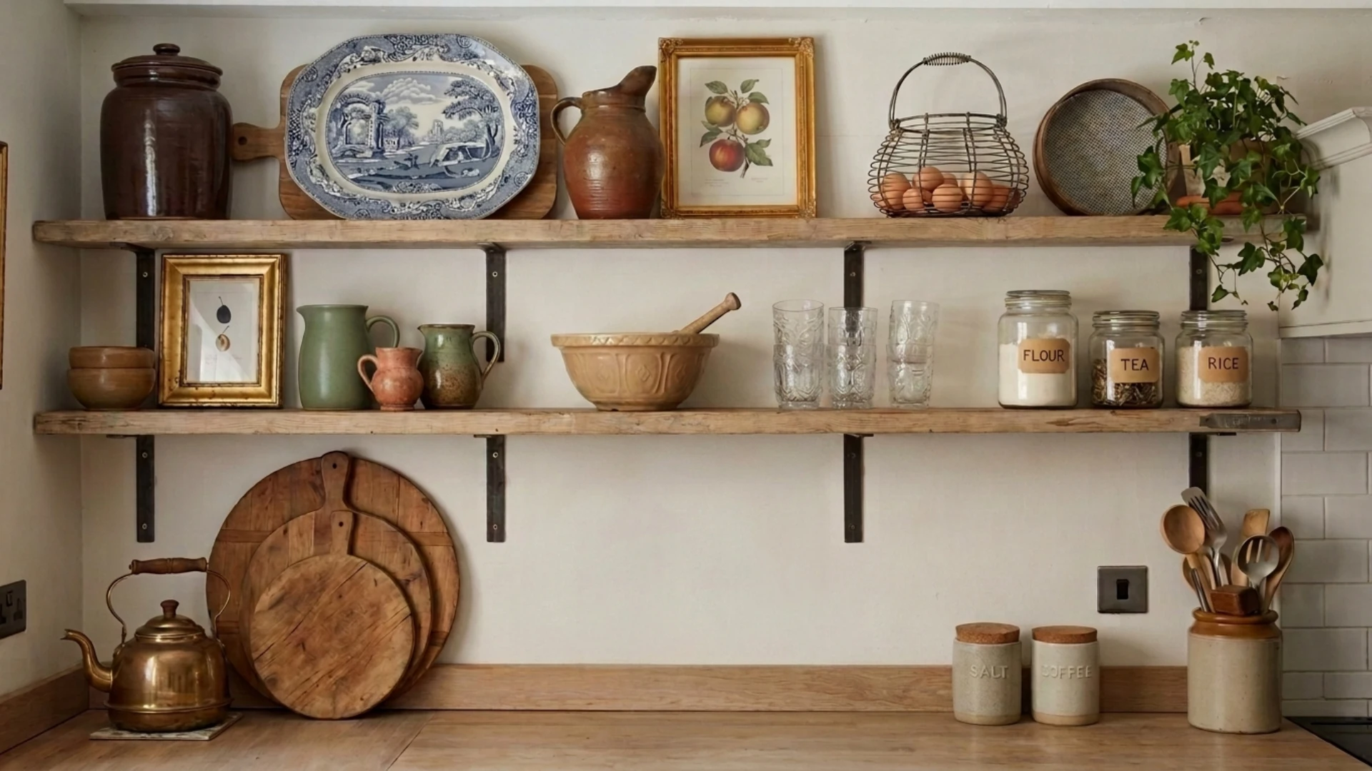Rustic kitchen shelves display a variety of earthenware, pottery, glass jars, and wooden cutting boards.