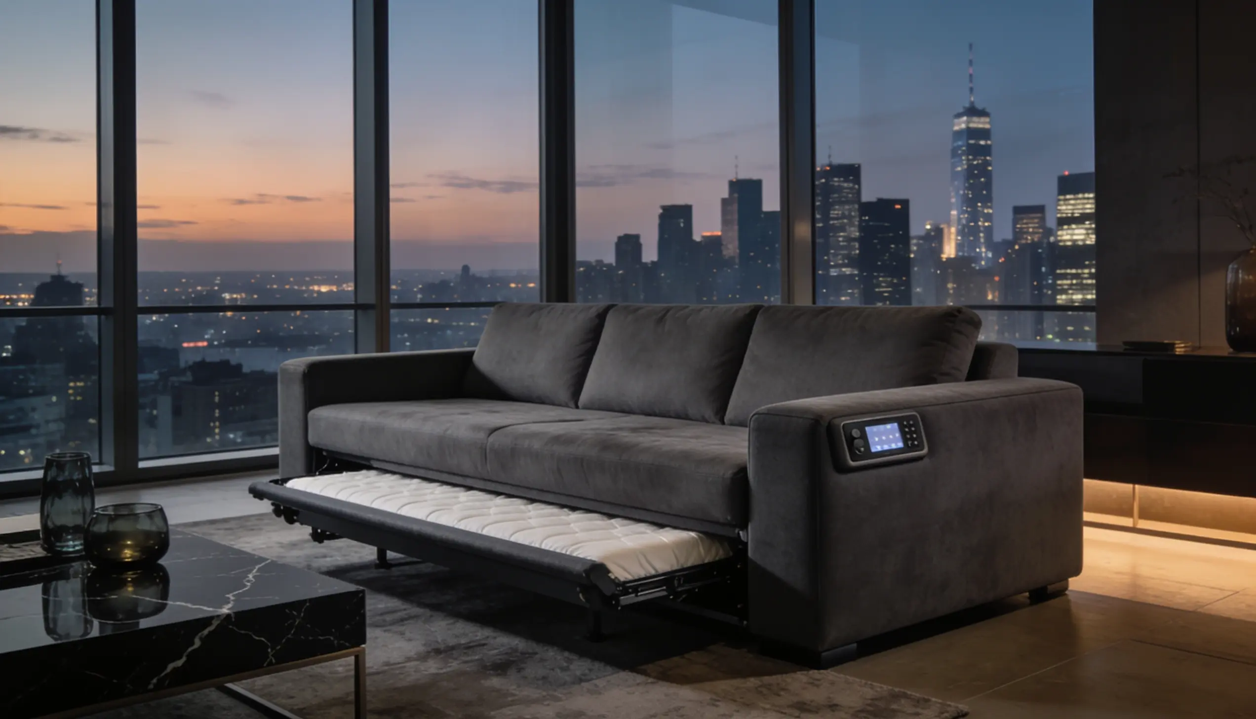 A motorized power pull out sofa automatically extending into a bed with the touch of a button revealing a hidden mattress and sleek modern design