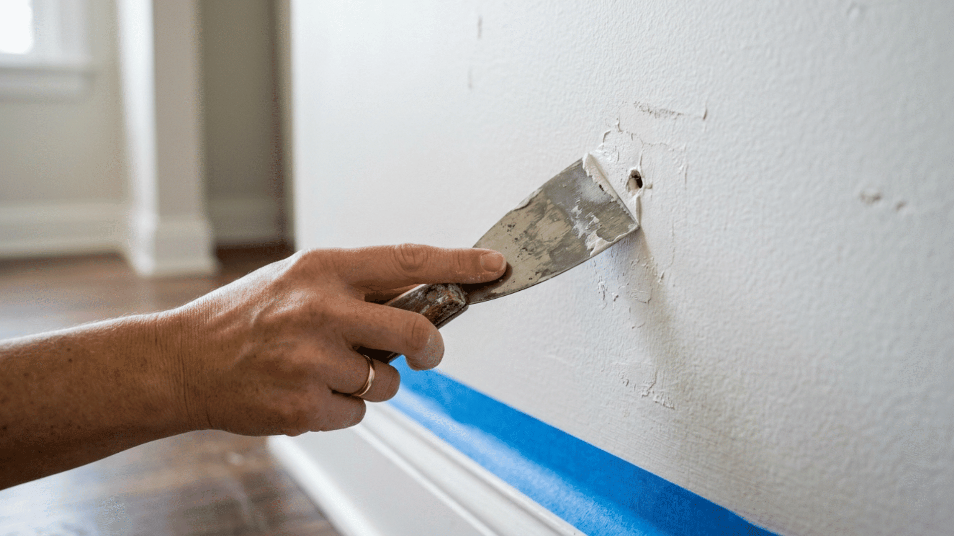 spackling a nail hole during wall prep, a key step in how long it takes to paint a room