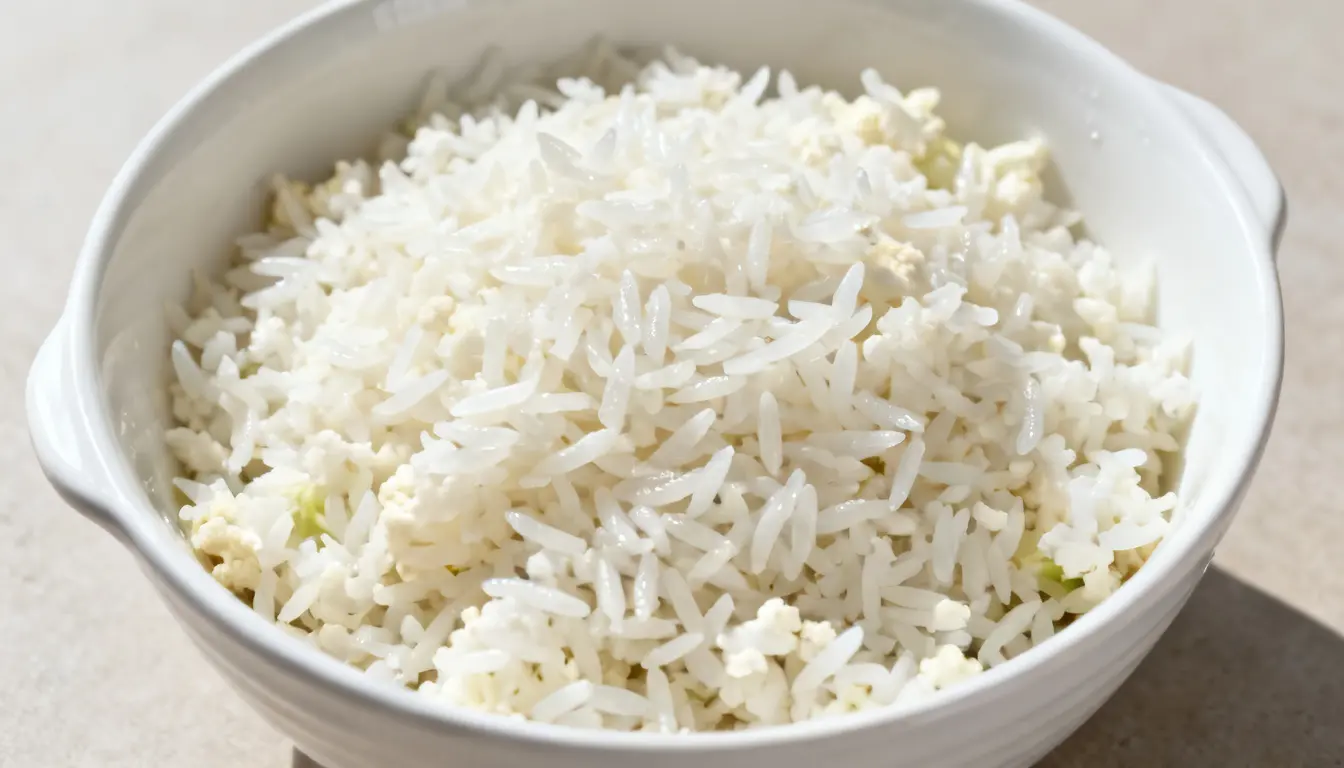 A white bowl filled with fluffy white rice and small pieces of white cheese.